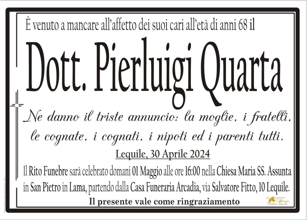 Necrologi, Quarta Pierluigi 30 Aprile 2024 Lequile